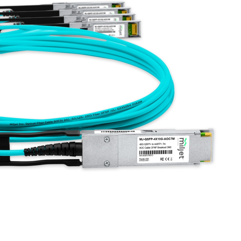 Cabo 40G QSFP+ para 4x10G SFP+ 7m, AOC Active Optical Cable, Breakout OM3 OFNP Miljet
