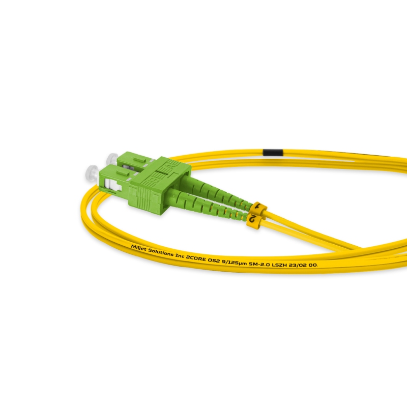 Cordão Óptico 2m, LC/UPC-SC/APC SM BLI G.657A 9/125, OS2 Duplex 2.0mm LSZH Amarelo, Fibra Monomodo Miljet