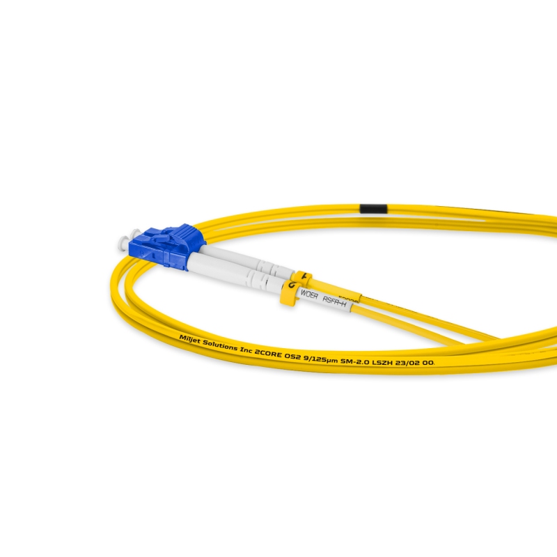 Cordão Óptico 2m, LC/UPC-SC/APC SM BLI G.657A 9/125, OS2 Duplex 2.0mm LSZH Amarelo, Fibra Monomodo Miljet
