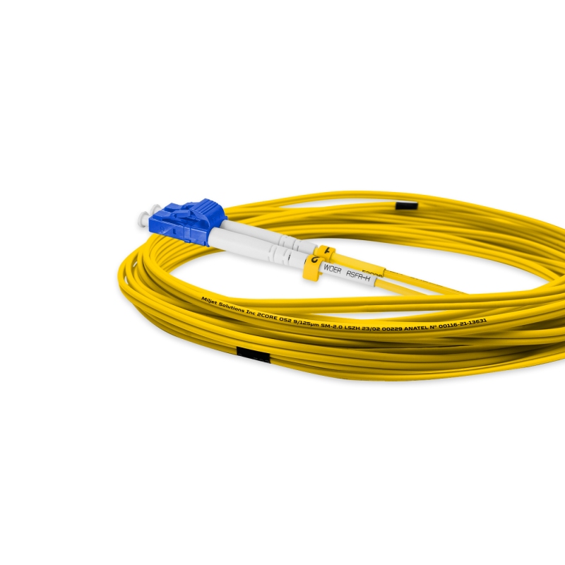 Cordão Óptico 5m, LC/UPC-SC/APC, SM BLI G657-A1 9/125, OS2 Duplex 2.0mm LSZH Amarelo, Fibra Monomodo Miljet
