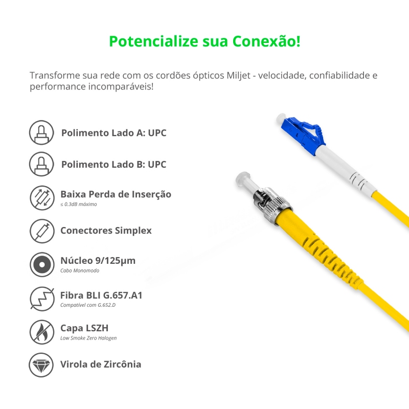 Cordão Óptico 3m, ST/UPC-LC/UPC, SM BLI G657-A1 9/125, OS2 Simplex 3.0mm LSZH Amarelo, Fibra Monomodo Miljet
