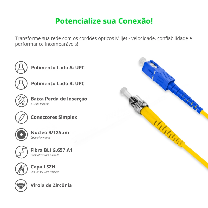 Cordão Óptico 3m, ST/UPC-SC/UPC, SM BLI G657-A1 9/125, OS2 Simplex 3.0mm LSZH Amarelo, Fibra Monomodo Miljet