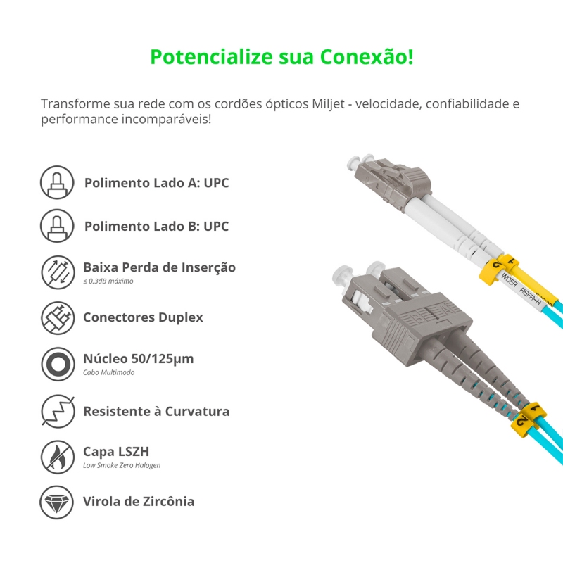 Cordão Óptico 3m, LC/UPC-SC/UPC, MM G651.1 50/125, OM3 Duplex 2.0mm LSZH Aqua, Fibra Multimodo Miljet