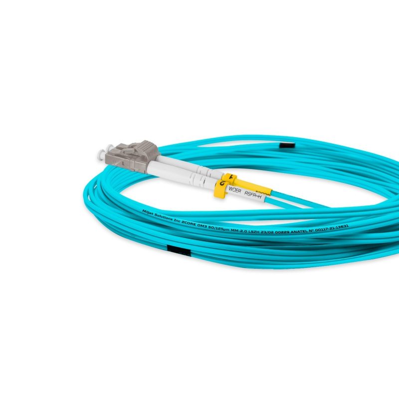Cordão Óptico 5m, LC/UPC-LC/UPC, MM G651.1 50/125, OM3 Duplex 2.0mm LSZH Aqua, Fibra Multimodo Miljet