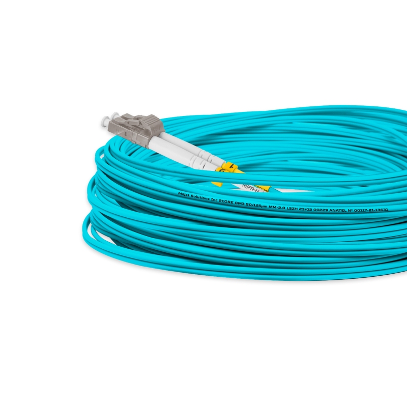Cordão Óptico 15m, LC/UPC-LC/UPC, MM G651.1 50/125, OM3 Duplex 2.0mm LSZH Aqua, Fibra Multimodo Miljet