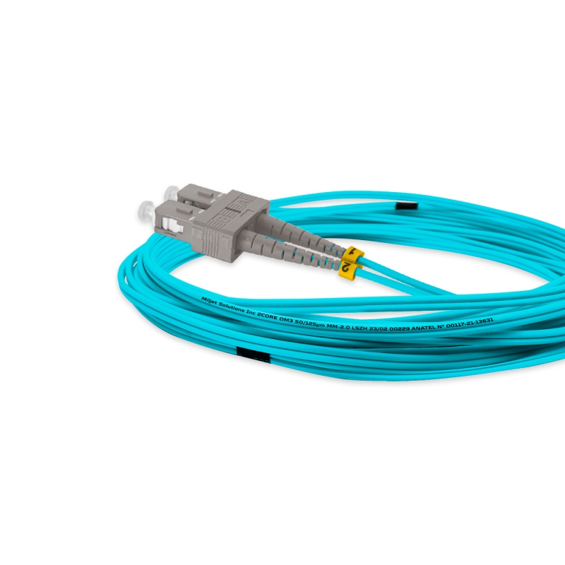 Cordão Óptico 5m, SC/UPC-SC/UPC, MM G651.1 50/125, OM3 Duplex 2.0mm LSZH Aqua, Fibra Multimodo Miljet