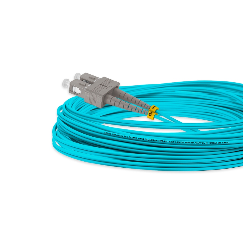 Cordão Óptico 10m, SC/UPC-SC/UPC MM G651.1 50/125, OM3 Duplex 2.0mm LSZH Aqua, Fibra Multimodo Miljet