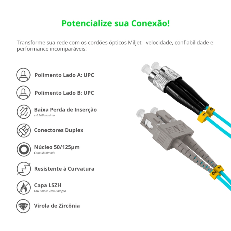 Cordão Óptico 10m, FC/PC-SC/UPC, MM G651.1 50/125, OM3 Duplex 2.0mm LSZH Aqua, Fibra Multimodo Miljet