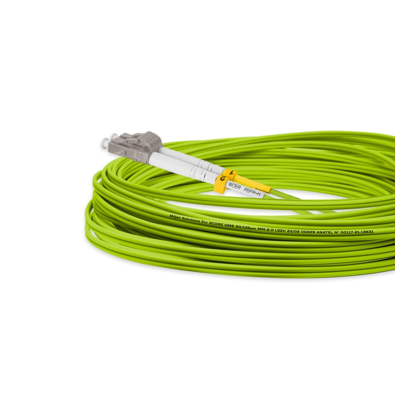 Cordão Óptico 10m, LC/UPC-LC/UPC, MM G651.1 50/125, OM5 Duplex 2.0mm LSZH Verde, Fibra Multimodo Miljet