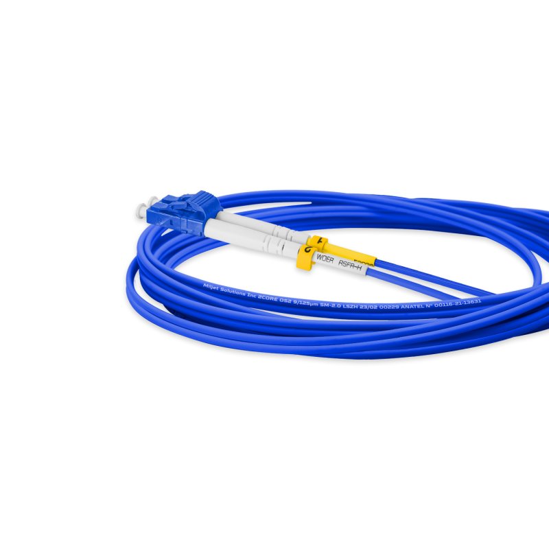 Cordão Óptico 3m, LC/UPC-SC/APC, SM BLI G657-A1 9/125, OS2 Duplex 2.0mm LSZH ABNT Azul, Fibra Monomodo Miljet