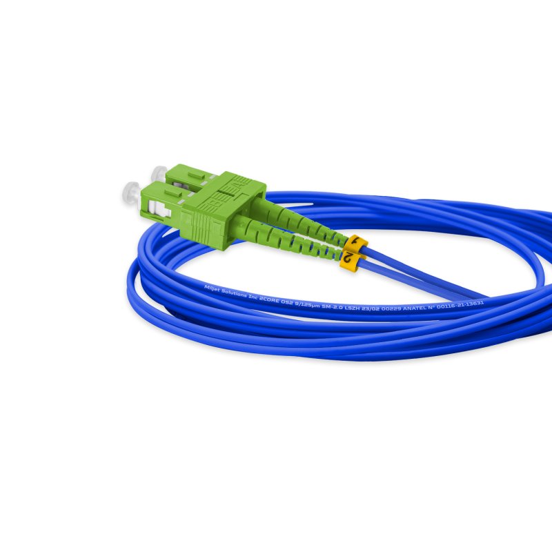 Cordão Óptico 3m, LC/UPC-SC/APC, SM BLI G657-A1 9/125, OS2 Duplex 2.0mm LSZH ABNT Azul, Fibra Monomodo Miljet