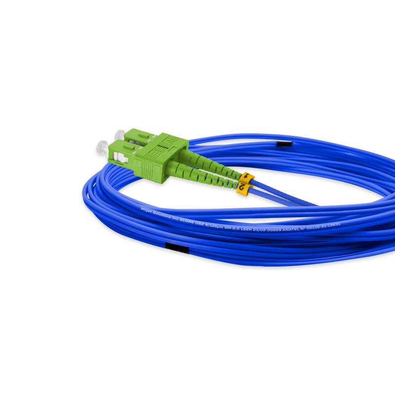 Cordão Óptico 5m, LC/UPC-SC/APC, SM BLI G657-A1 9/125, OS2 Duplex 2.0mm LSZH ABNT Azul, Fibra Monomodo Miljet