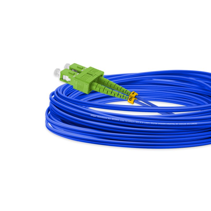 Cordão Óptico 10m, LC/UPC-SC/APC, SM BLI G657-A1 9/125, OS2 Duplex 2.0mm LSZH ABNT Azul, Fibra Monomodo Miljet