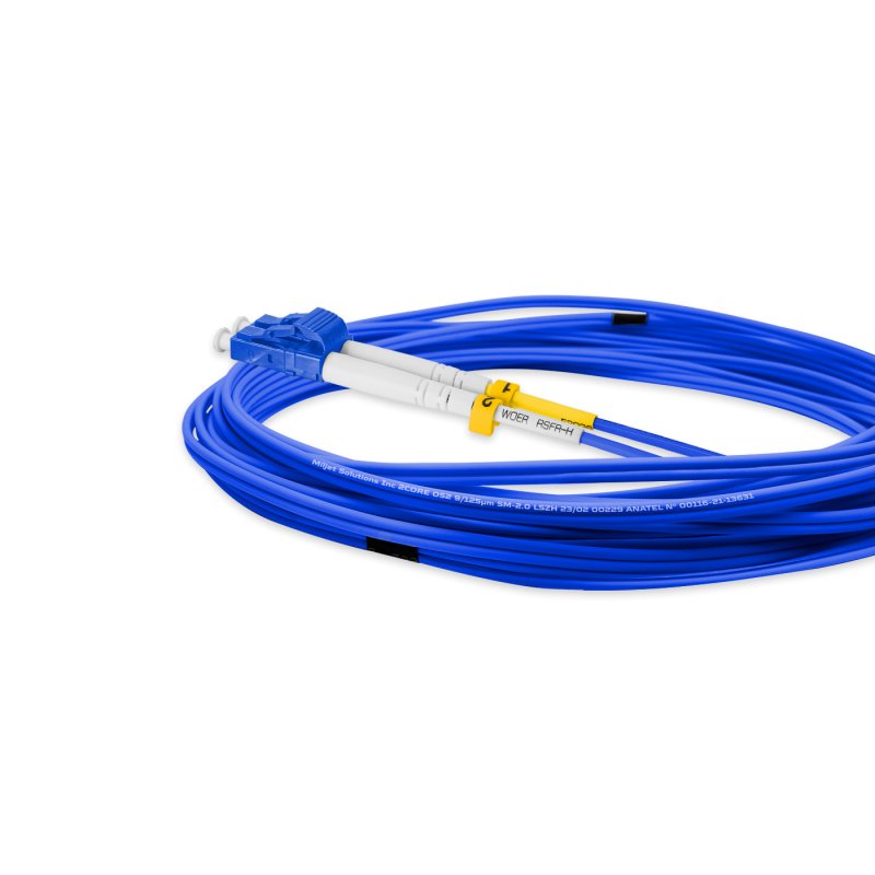 Cordão Óptico 5m, LC/UPC-SC/UPC, SM BLI G657-A1 9/125, OS2 Duplex 2.0mm LSZH ABNT Azul, Fibra Monomodo Miljet