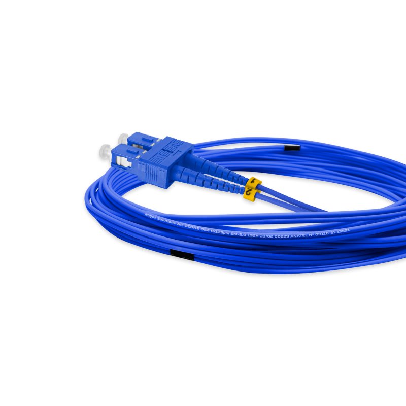 Cordão Óptico 5m, LC/UPC-SC/UPC, SM BLI G657-A1 9/125, OS2 Duplex 2.0mm LSZH ABNT Azul, Fibra Monomodo Miljet