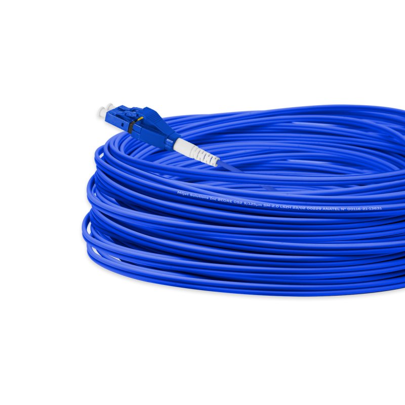 Cordão Óptico 20m, LCUPC-LCUPC Push-pull Uniboot Duplex SM OS2 BLI G.657-A1 9125 BIF 2.0mm LSZH Azul Fibra Monomodo Miljet
