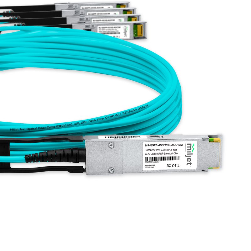 Cabo 100G QSFP28 para 4x25G SFP28 10m, AOC Active Optical Cable, Breakout OM4 OFNP Miljet