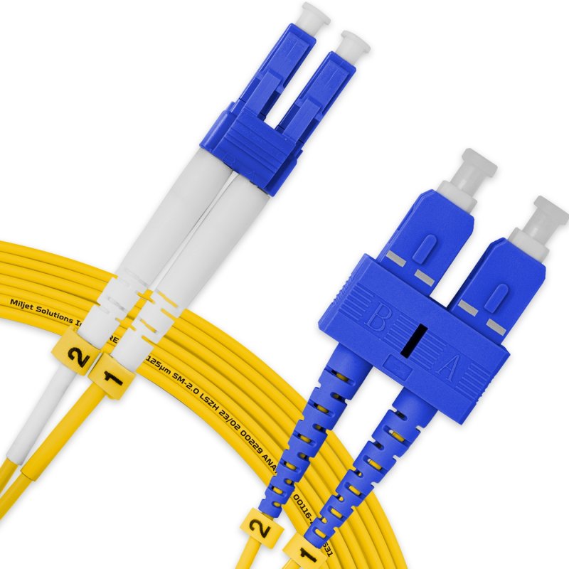 Cordão Óptico 10m, LC/UPC-SC/UPC, SM BLI G657-A1 9/125, OS2 Duplex 2.0mm LSZH Amarelo, Fibra Monomodo Miljet