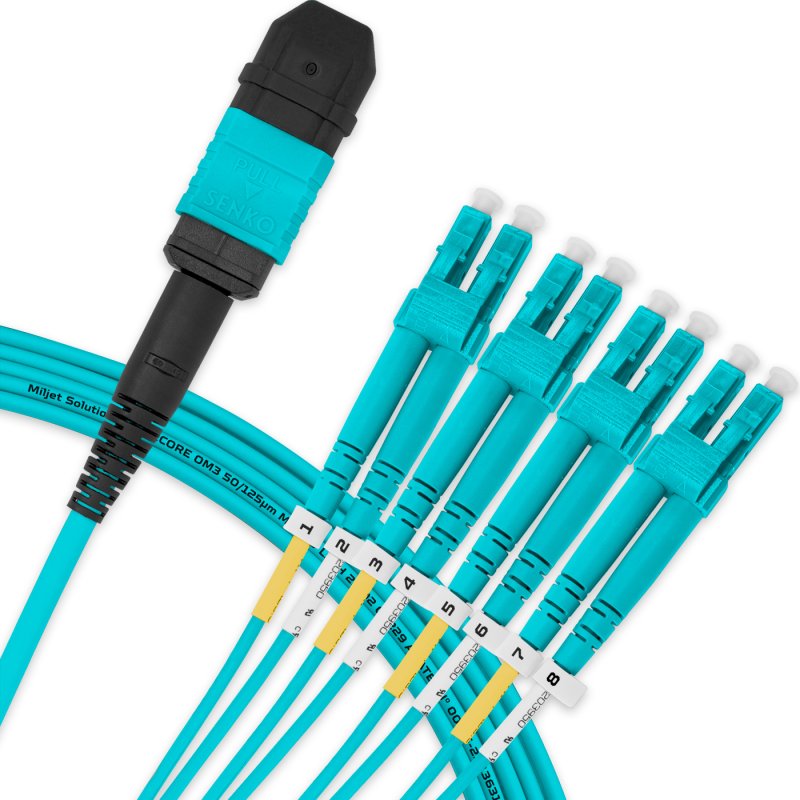 Cabo MPO Fêmea para 4LC/UPC 5m, 8 Fibras Duplex, OM3 G651.1 50/125 Multimodo, Tipo B LSZH Aqua Breakout Miljet