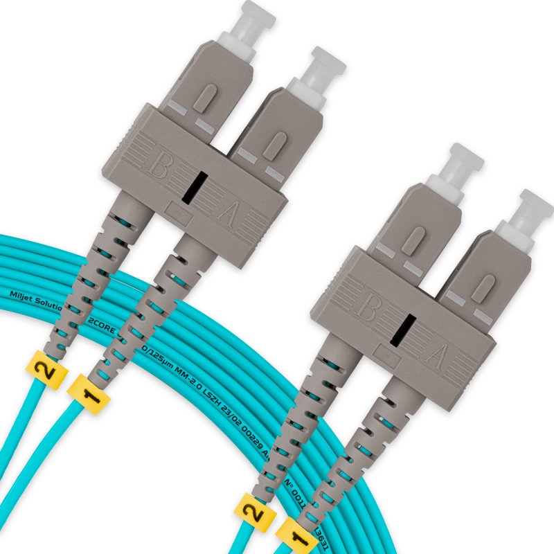 Cordão Óptico 10m, SC/UPC-SC/UPC MM G651.1 50/125, OM3 Duplex 2.0mm LSZH Aqua, Fibra Multimodo Miljet