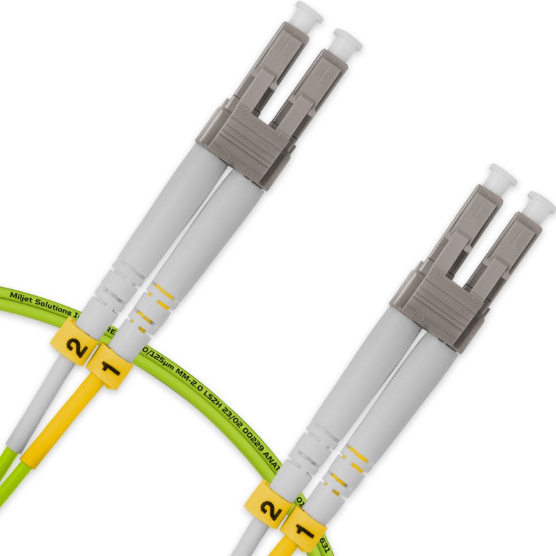 Cordão Óptico 1m, LC/UPC-LC/UPC, MM G651.1 50/125, OM5 Duplex 2.0mm LSZH Verde, Fibra Multimodo Miljet
