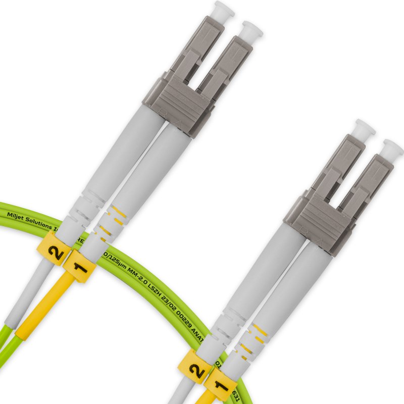 Cordão Óptico 2m, LC/UPC-LC/UPC, MM G651.1 50/125, OM5 Duplex 2.0mm LSZH Verde, Fibra Multimodo Miljet