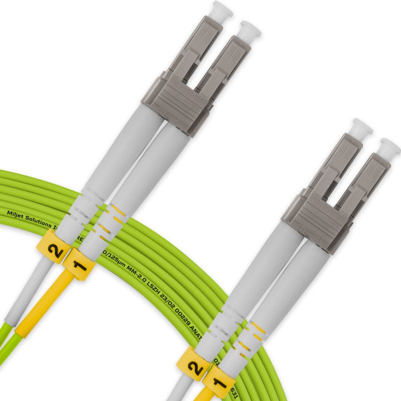 Cordão Óptico 10m, LC/UPC-LC/UPC, MM G651.1 50/125, OM5 Duplex 2.0mm LSZH Verde, Fibra Multimodo Miljet