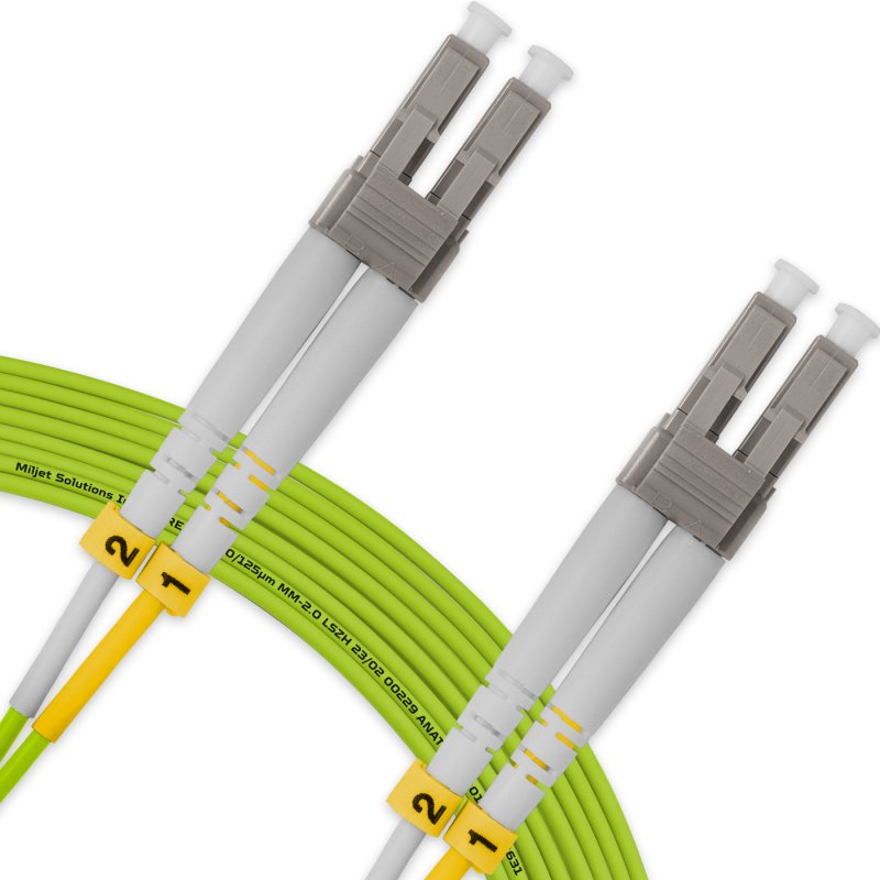 Cordão Óptico 15m, LC/UPC-LC/UPC, MM G651.1 50/125, OM5 Duplex 2.0mm LSZH Verde, Fibra Multimodo Miljet