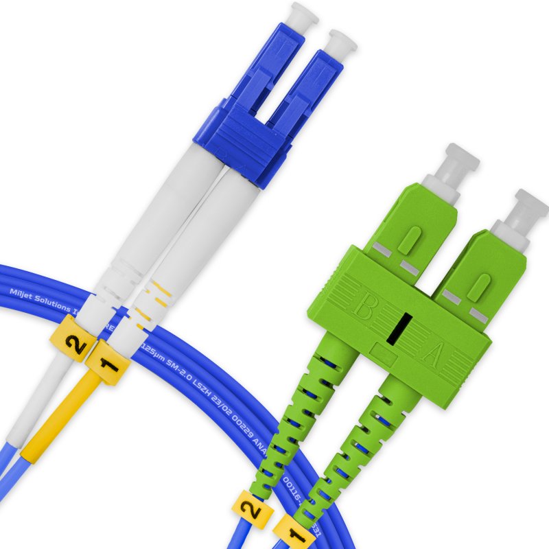 Cordão Óptico 3m, LC/UPC-SC/APC, SM BLI G657-A1 9/125, OS2 Duplex 2.0mm LSZH ABNT Azul, Fibra Monomodo Miljet