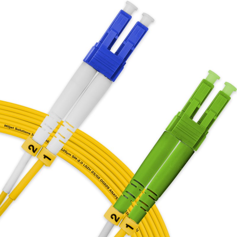 Cordão Óptico 10m, LC/APC-LC/UPC, SM BLI G657-A1 9/125, OS2 Duplex 2.0mm LSZH Amarelo, Fibra Monomodo Miljet