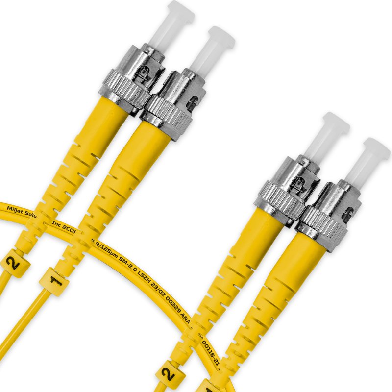 Cordão Óptico 1m, ST/UPC-ST/UPC, SM BLI G657-A1 9/125, OS2 Duplex 2.0mm LSZH Amarelo, Fibra Monomodo Miljet