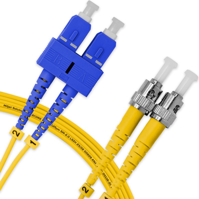 Cordão Óptico 5m, SC/UPC-ST/UPC SM BLI G.657A 9/125, OS2 Duplex 2.0mm LSZH Amarelo, Fibra Monomodo Miljet