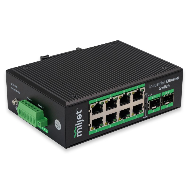Switch PoE Industrial de Liga de Alumínio MAAIS-8G2XP 8P, 8xRJ45 GbE PoE 120W, 2xSFP GbE, Trilho DIN, Fonte DC 12~52V, Temp. -40°C~80°C, Não Gerenciável