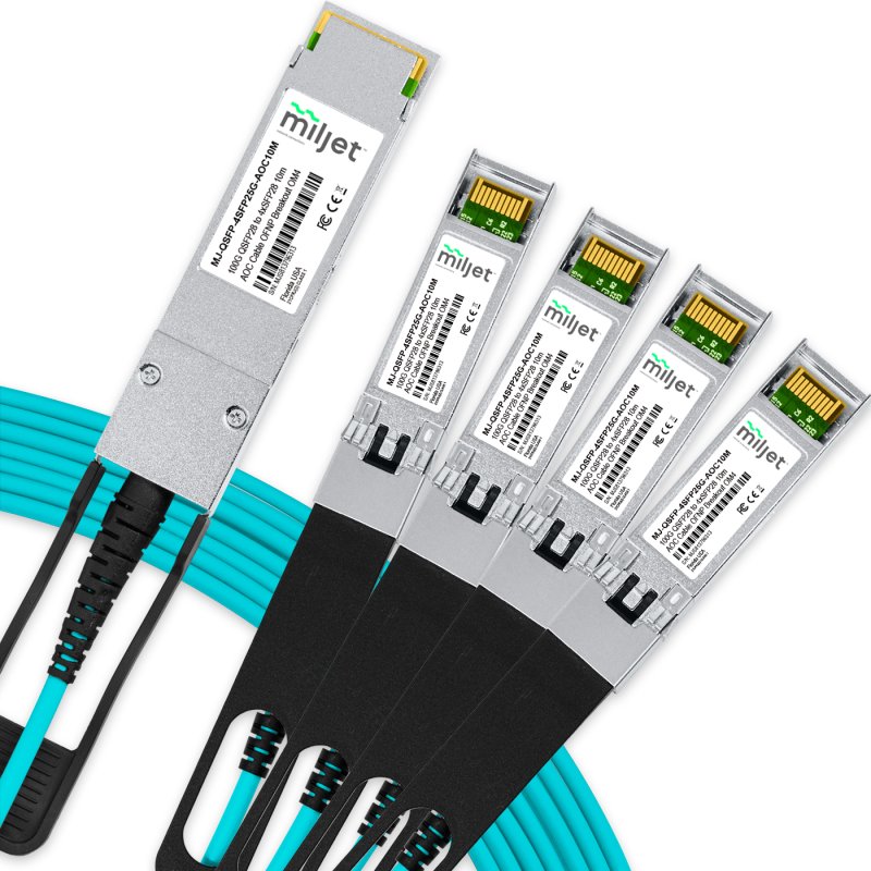 Cabo 100G QSFP28 para 4x25G SFP28 10m, AOC Active Optical Cable, Breakout OM4 OFNP Miljet