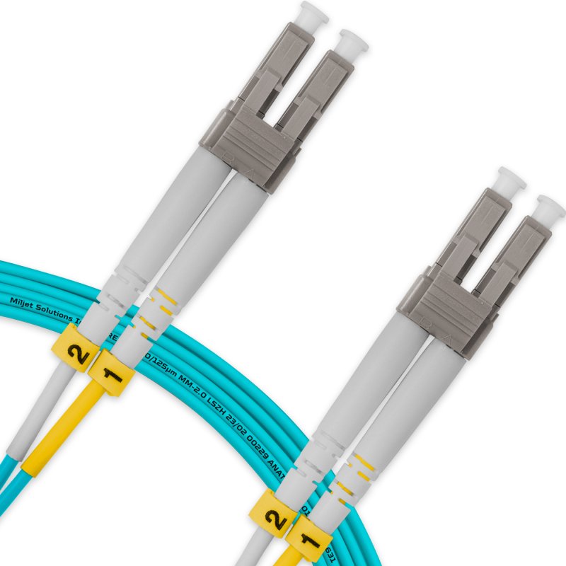 Cordão Óptico 5m, LC/UPC-LC/UPC, MM G651.1 50/125, OM3 Duplex 2.0mm LSZH Aqua, Fibra Multimodo Miljet