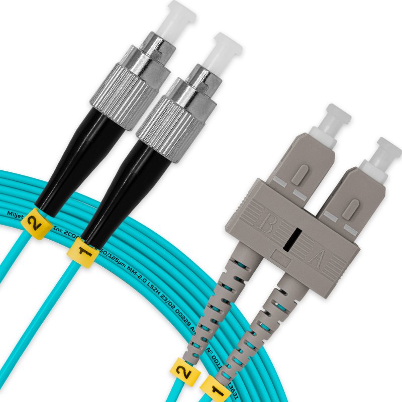 Cordão Óptico 10m, FC/PC-SC/UPC, MM G651.1 50/125, OM3 Duplex 2.0mm LSZH Aqua, Fibra Multimodo Miljet