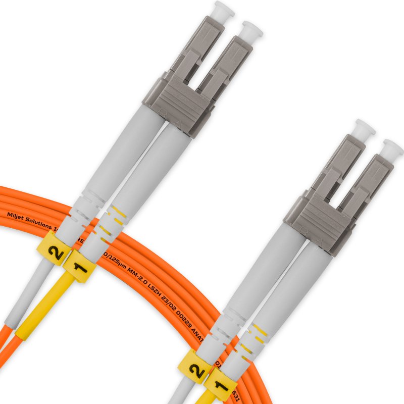 Cordão Óptico 5m, LC/UPC-LC/UPC, MM G651.1 50/125, OM2 Duplex 2.0mm LSZH Laranja, Fibra Multimodo Miljet