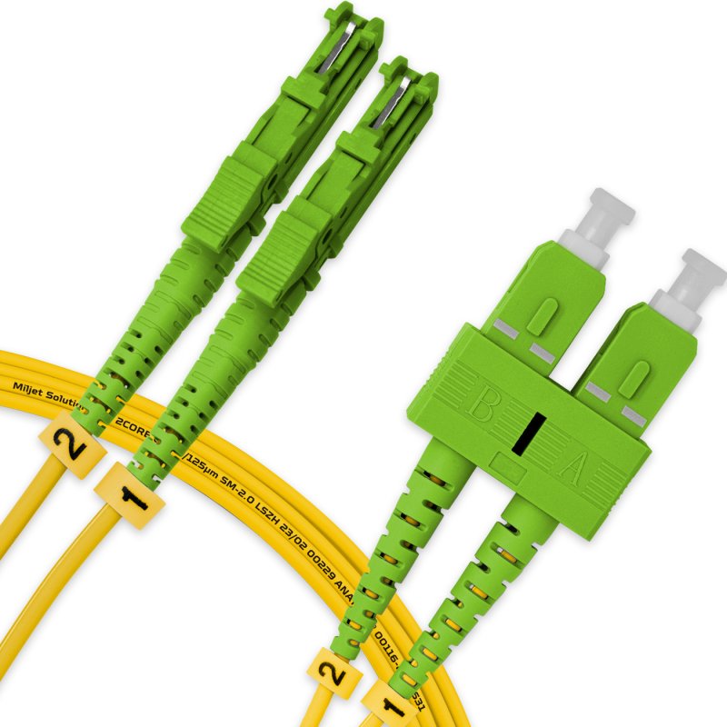 Cordão Óptico 3m, E2000/APC-SC/APC, SM BLI G657-A1 9/125, OS2 Duplex 2.0mm LSZH Amarelo, Fibra Monomodo Miljet