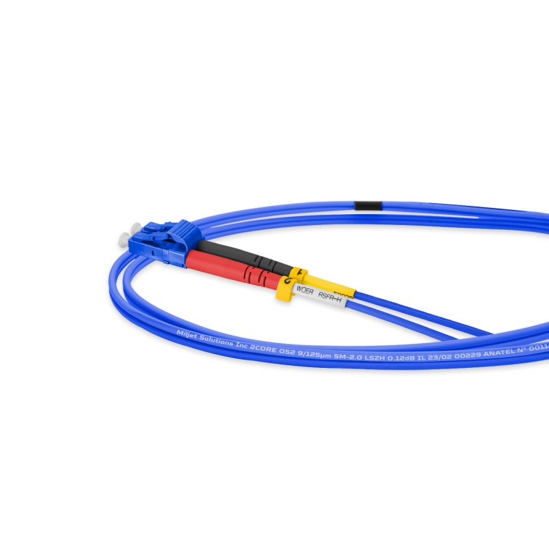 Cordão Óptico 1m, LC/UPC-LC/UPC, SM BLI G657-A1 9/125 0.12dB IL, OS2 Duplex 2.0mm LSZH ABNT Azul, Fibra Monomodo Miljet