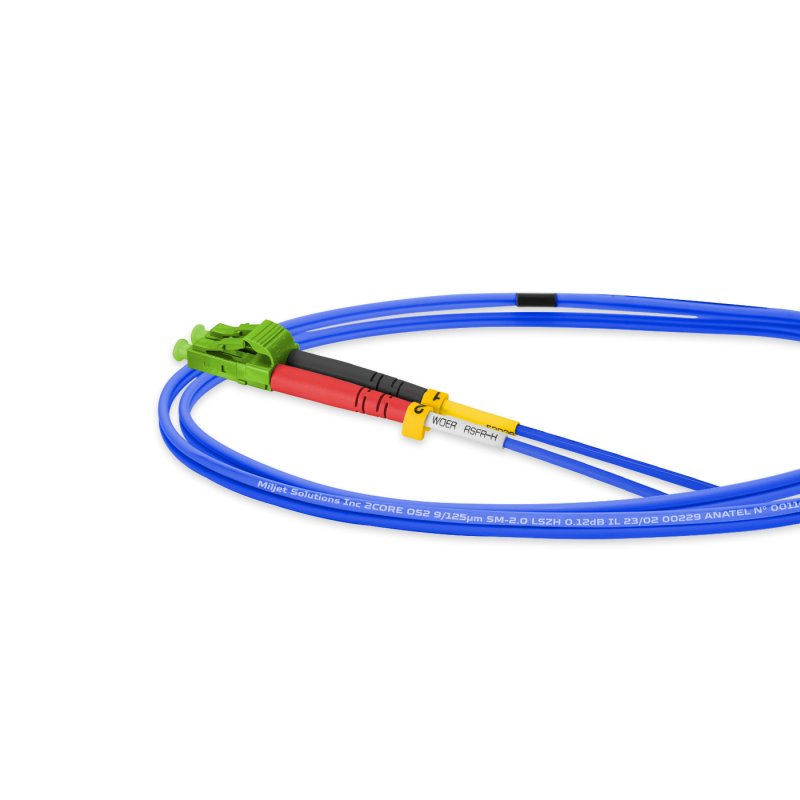 Cordão Óptico 2m, LC/UPC-LC/APC, SM BLI G657-A1 9/125 0.12dB IL, OS2 Duplex 2.0mm LSZH ABNT Azul, Fibra Monomodo Miljet