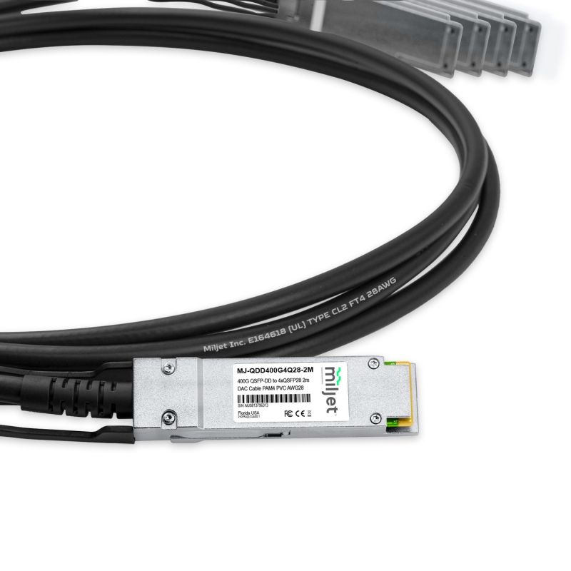 Cabo 400G QSFP-DD para 4x100G QSFP28 2m, PAM4, DAC Direct Attach Copper, Breakout Cable PVC 28AWG Miljet