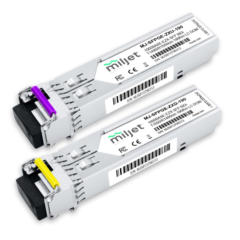 Kit Par 1000BASE-EZX SFP BiDi 190km LC SMF DOM, transceptores ópticos Miljet