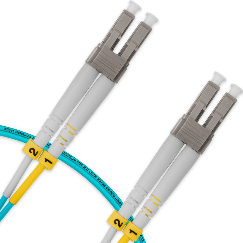 Cordão Óptico 1m, LC/UPC-LC/UPC MM G651.1 50/125, OM3 Duplex 2.0mm LSZH Aqua Fibra Multimodo Miljet