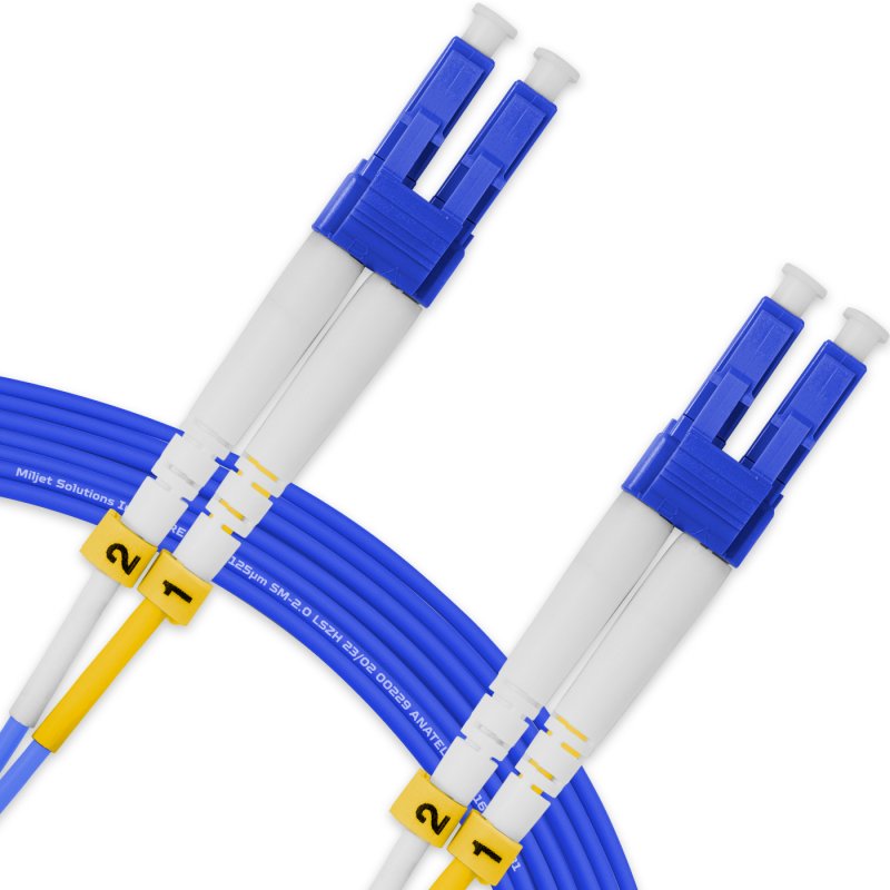Cordão Óptico 10m, LC/UPC-LC/UPC, SM BLI G657-A1 9/125, OS2 Duplex 2.0mm LSZH ABNT Azul, Fibra Monomodo Miljet