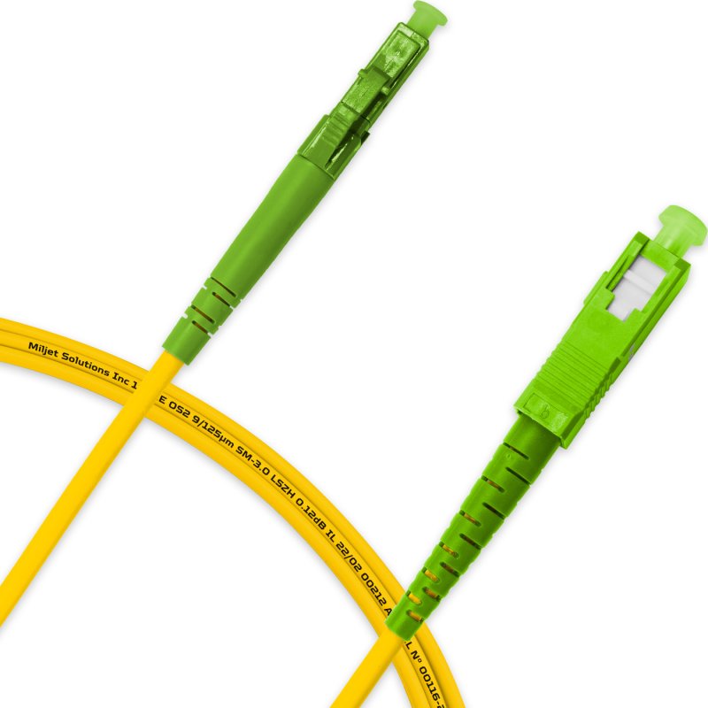Cordão óptico 2.5m, LC/APC-SC/APC, SM BLI G.657A 9/125 0.12dB IL OS2 Simplex 3.0mm LSZH Amarelo, Fibra Monomodo Miljet
