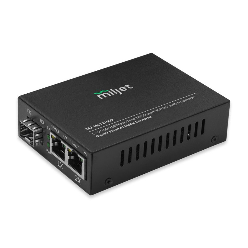 MJ-MC12190X Conversor de Mídia Óptico, DIP Switch, Slot 1000Base-X SFP para 2x 10/100/1000Base-T RJ45, AC 100V~240V