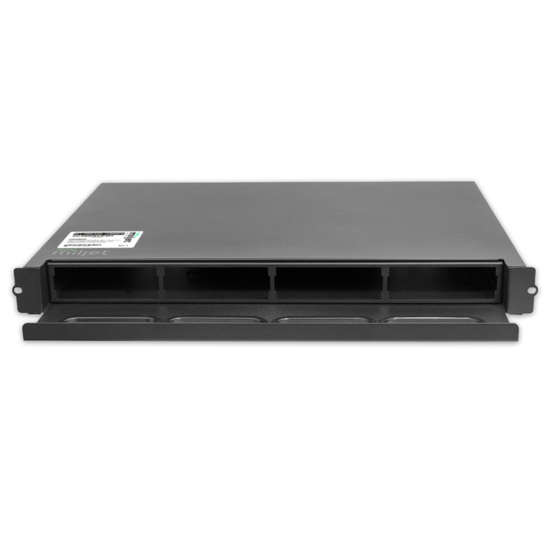 Distribuidor Óptico Chassi 1U 19", Suporta até 96 Fibras, 4 Slots para Cassete de Distribuição Óptica MPO Miljet