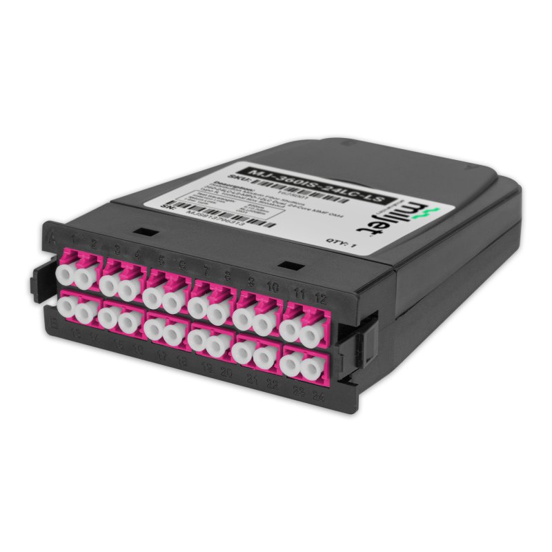 Cassete de Distribuição Óptica 24 Fibras, 2x MPO/UPC Macho 12F para 12x LC/UPC Duplex, Multimodo OM4, Tipo B Miljet