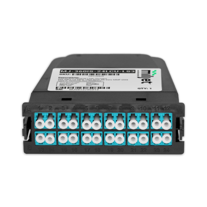 Cassete de Distribuição Óptica 24 Fibras, 2x MPO/UPC Macho 12F para 12x LC/UPC Duplex, Multimodo OM3, Tipo B Miljet